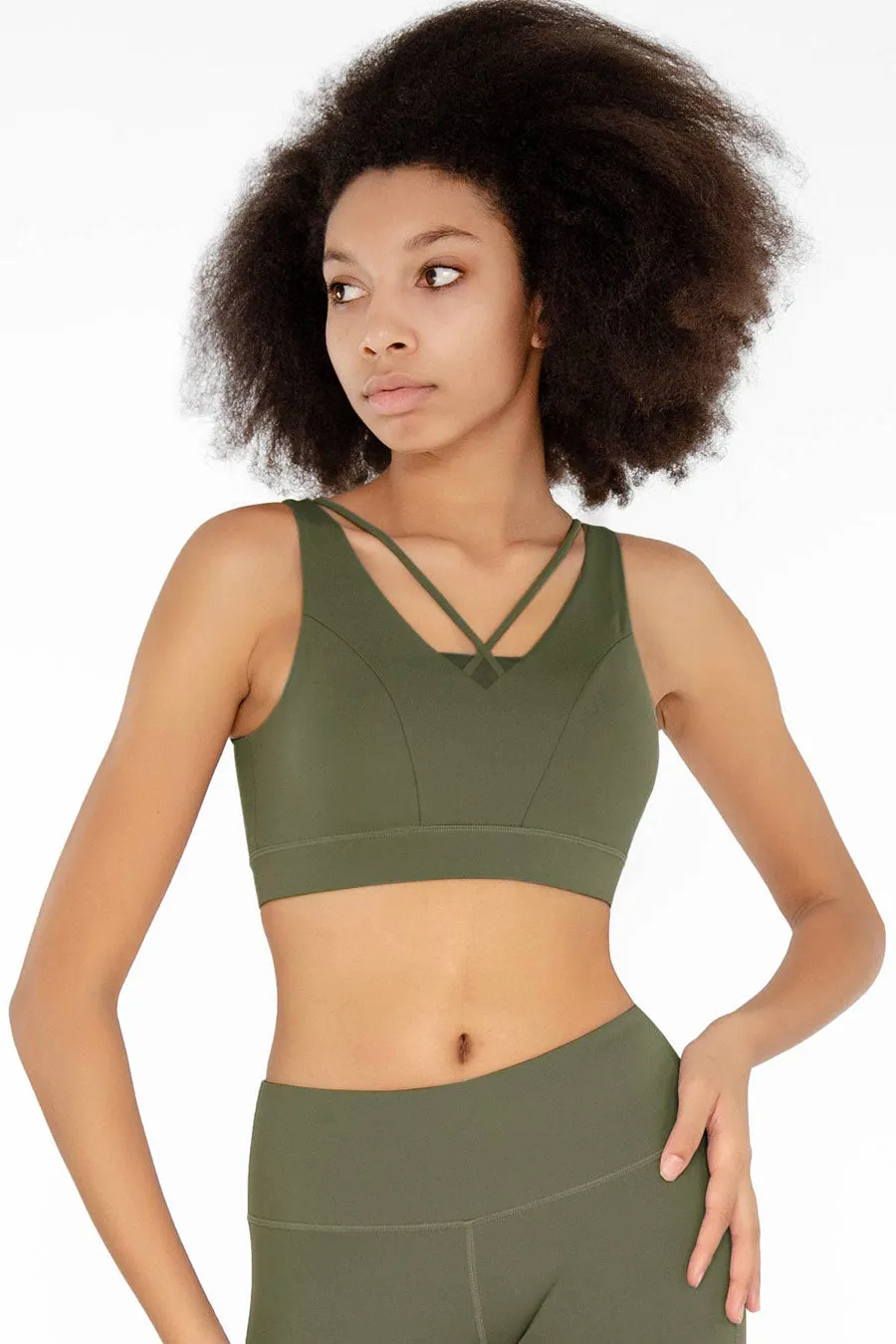 4 for $54 - Olive Khaki Green Kelly Strappy Open-Back Padded Sports Bra - Women