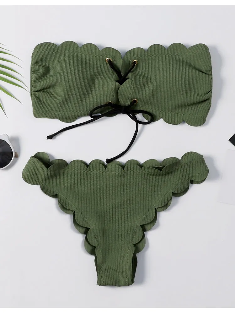 Lace-up Green Bandeau Bikini Set