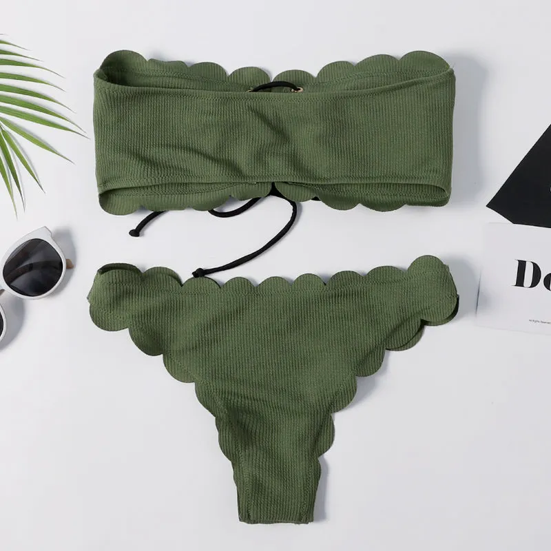 Lace-up Green Bandeau Bikini Set