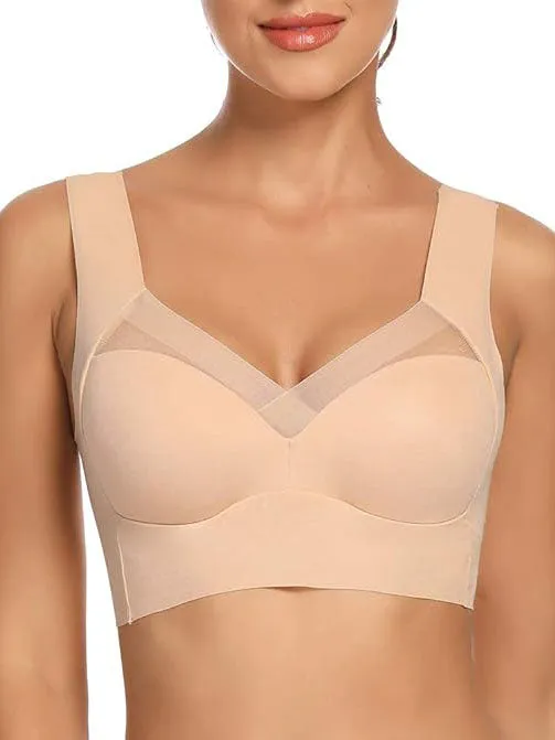 Minimizer Mesh CrossOver Wireless Bra with Cooling, Seamless Smooth Comfort Wirefree Sport & T-Shirt Bra Minimizer Beige